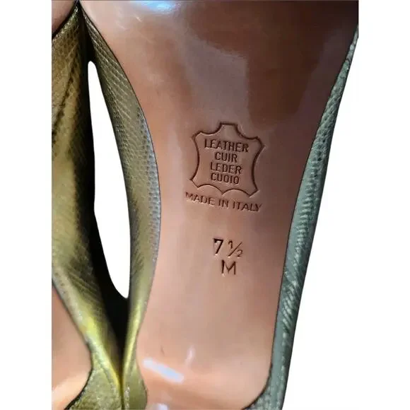 Vintage YSL Gold Metallic Python Embossed Leather Stiletto Mary Jane Pumps 7.5M - Picture 7 of 8